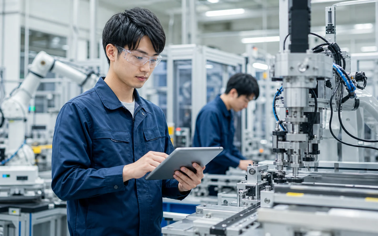 20代の製造技術者が設備を確認するイメージ