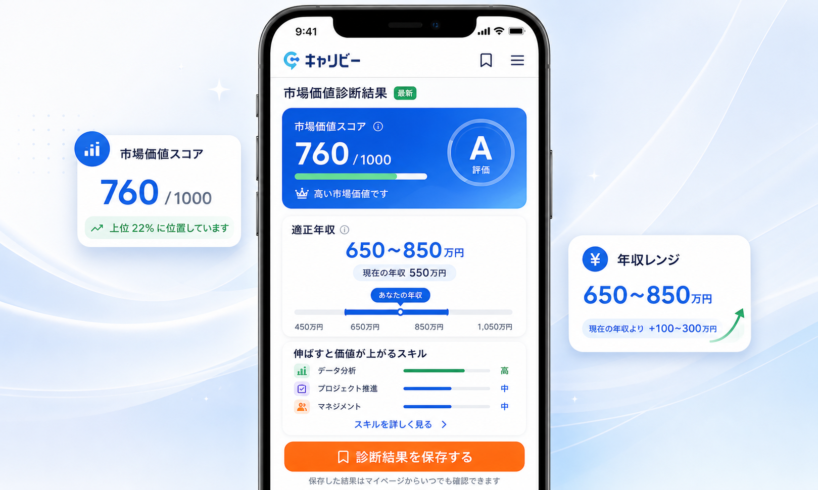 AIが市場価値、適正年収、年収レンジ、伸ばすスキルを診断する画面イメージ